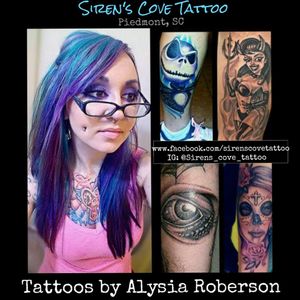 Tattoos by one of South Carolina 's best female tattoo artists, Alysia Roberson, at Siren's Cove Tattoo in Piedmont, SC (near Greenville, SC!)!!! Call or come by SC Tattoo for an appointment, thanks!!! #tattoos #tattooed #tattooedwomen #tattooedwoman #inkedgirls #inkedgirl #inkedfemales #skulltattoo #dayofthedeadtattoo #bestofsc #girlytattoo #beautifultattoo #colortattoo #blackandgreytattoo #blackandgrey #tattooartist #femaletattooartist #femaleartist #ladytattooer #ladytattooers #ladytattooist #femaletattooist #femaletattooer #siren #sirenscove #tattoosiren #sirentattoo #mermaid #mermaidtattoo #alternativegirl #piercings #dimplepiercing #septumpiercing #bluehair #pinupgirltattoo #pinupgirl #pinup #deviltattoo #pinuptattoo #pinkhair #jackskelington #jackskellingtontattoo #eyetattoo #eyeballtattoo #purplehair #glasses #alternative #tattooist #tattooer #tattooers #coveruptattoo #coverup #tattoonightmares #portraittattoo #animaltattoo #animalportrait #realism #realistic #clocktattoo #liontattoo #oldschooltattoo #traditionaltattoo #sc #sctattoo #sctattooartist #sctattooshop #sctattooist #sctattooer #southcarolinatattooartist #greenvillesc #downtowngreenville #andersonsc #clemsonsc #yeahthatgreenville #clemson #clemsontattoo #clemsontigers #Alysiarobersontattoo #sirenscovetattoo www.facebook.com/sirenscovetattoo www.facebook.com/Alysia.Roberson.Tattoo.Artist Instagram:@sirens_cove_tattoo 