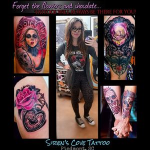 Tattoos by one of South Carolina 's best female tattoo artists, Alysia Roberson, at Siren's Cove Tattoo in Piedmont, SC (near Greenville, SC!)!!! Call or come by SC Tattoo for an appointment, thanks!!! #tattoos #tattooed #tattooedwomen #tattooedwoman #inkedgirls #inkedgirl #inkedfemales #inkmaster #flowertattoo #lacetattoo #halfsleeve #halfsleevetattoo #sleevetattoo  #girlytattoo #beautifultattoo #colortattoo #blackandgreytattoo #blackandgrey #tattooartist #femaletattooartist #femaleartist #ladytattooer #ladytattooers #ladytattooist #femaletattooist #femaletattooer #siren #sirenscove #tattoosiren #sirentattoo #mermaid #mermaidtattoo #alternativegirl #piercings #dimplepiercing #septumpiercing #brunette #glasses #alternative #tattooist #tattooer #tattooers #coveruptattoo #coverup #rosetattoo #tattoonightmares #portraittattoo #inthismoment #inthismomenttattoo   #animaltattoo #animalportrait #realism #realistic #clocktattoo #liontattoo #oldschooltattoo #traditionaltattoo #sc  #sctattoo #sctattooartist #sctattooshop #sctattooist #sctattooer #couplestattoo #skulltattoo #southcarolinatattooartist #dayofthedeadtattoo #jeweltattoo  #greenvillesc #downtowngreenville #andersonsc #clemsonsc #yeahthatgreenville #clemson #clemsontattoo  #clemsontigers  #Alysiarobersontattoo #sirenscovetattoo www.facebook.com/sirenscovetattoo www.facebook.com/Alysia.Roberson.Tattoo.Artist Instagram:@sirens_cove_tattoo 