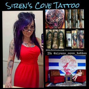 Tattoos by one of South Carolina 's best female tattoo artists, Alysia Roberson, at Siren's Cove Tattoo in Piedmont, SC (near Greenville, SC!)!!! Call or come by SC Tattoo for an appointment, thanks!!! #tattoos #tattooed #tattooedwomen #tattooedwoman #inkedgirls #inkedgirl #inkedfemales #girlytattoo #beautifultattoo #colortattoo #blackandgreytattoo #blackandgrey #tattooartist #femaletattooartist #femaleartist #ladytattooer #ladytattooers #ladytattooist #femaletattooist #femaletattooer #siren #sirenscove #tattoosiren #sirentattoo #mermaid #mermaidtattoo #alternativegirl #piercings #dimplepiercing #septumpiercing #purplehair #glasses #alternative #tattooist #tattooer #tattooers #coveruptattoo #coverup #tattoonightmares #portraittattoo #animaltattoo #animalportrait #realism #realistic #clocktattoo #liontattoo #oldschooltattoo #traditionaltattoo #sc #horsetattoo #tigertattoo #sctattoo #sctattooartist #sctattooshop #sctattooist #sctattooer #southcarolinatattooartist #greenvillesc #downtowngreenville #andersonsc #clemsonsc #yeahthatgreenville #clemson #clemsontattoo  #clemsontigers  #Alysiarobersontattoo #sirenscovetattoo www.facebook.com/sirenscovetattoo www.facebook.com/Alysia.Roberson.Tattoo.Artist Instagram:@sirens_cove_tattoo 