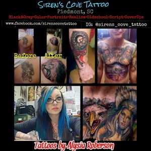 Tattoos by one of South Carolina 's best female tattoo artists, Alysia Roberson, at Siren's Cove Tattoo in Piedmont, SC (near Greenville, SC!)!!! Call or come by SC Tattoo for an appointment, thanks!!! #tattoos #tattooed #tattooedwomen #tattooedwoman #inkedgirls #inkedgirl #inkedfemales #girlytattoo #beautifultattoo #colortattoo #blackandgreytattoo #blackandgrey #tattooartist #femaletattooartist #femaleartist #ladytattooer #ladytattooers #ladytattooist #femaletattooist #femaletattooer #siren #sirenscove #tattoosiren #sirentattoo #mermaid #mermaidtattoo #alternativegirl #piercings #dimplepiercing #septumpiercing #bluehair #glasses #alternative #tattooist #tattooer #tattooers #coveruptattoo #coverup #tattoonightmares #portraittattoo #animaltattoo #animalportrait #realism #realistic #clocktattoo #liontattoo #oldschooltattoo #traditionaltattoo #sc #nativeamericantattoo #eagletattoo #sctattoo #sctattooartist #sctattooshop #sctattooist #sctattooer #southcarolinatattooartist #greenvillesc #downtowngreenville #andersonsc #clemsonsc #yeahthatgreenville #clemson #clemsontattoo  #clemsontigers  #Alysiarobersontattoo #sirenscovetattoo www.facebook.com/sirenscovetattoo www.facebook.com/Alysia.Roberson.Tattoo.Artist Instagram:@sirens_cove_tattoo 