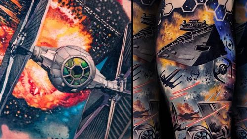 Star Wars tattoo on the left by Luka Lajoie and Star Wars tattoo on the right by Saga Anderson #SagaAnderson #LukaLajoie #StarWarstattoos #StarWarstattoo #StarWars #GeorgeLucas #movietattoo #filmtattoo #space #galaxy #scifi