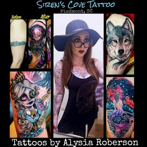 Tattoos by one of South Carolina 's best female tattoo artists, Alysia Roberson, at Siren's Cove Tattoo in Piedmont, SC (near Greenville, SC!)!!! Call or come by SC Tattoo for an appointment, thanks!!! #tattoos #tattooed #tattooedwomen #tattooedwoman #inkedgirls #inkedgirl #inkedfemales #girlytattoo #beautifultattoo #colortattoo #blackandgreytattoo #blackandgrey #wolftattoo #wolfhead   #tattooartist #femaletattooartist #femaleartist #ladytattooer #ladytattooers #ladytattooist #femaletattooist #femaletattooer #siren #sirenscove #tattoosiren #sirentattoo #mermaid #galaxytattoo #mermaidtattoo #alternativegirl #piercings #dimplepiercing #septumpiercing #bluehair #glasses #aliceinwonderland #cartoontattoo #newschooltattoo #lacetattoo #rosetattoo #aliceinwonderlandtattoo #steampunktattoo  #alternative #tattooist #tattooer #tattooers #coveruptattoo #coverup #tattoonightmares #portraittattoo #animaltattoo #animalportrait #realism #realistic #clocktattoo #liontattoo #oldschooltattoo #traditionaltattoo #sc #nativeamericantattoo #eagletattoo #sctattoo #sctattooartist #sctattooshop #sctattooist #sctattooer #southcarolinatattooartist #greenvillesc #downtowngreenville #andersonsc #clemsonsc #yeahthatgreenville #clemson #clemsontattoo  #clemsontigers  #Alysiarobersontattoo #sirenscovetattoo www.facebook.com/sirenscovetattoo www.facebook.com/Alysia.Roberson.Tattoo.Artist Instagram:@sirens_cove_tattoo 
