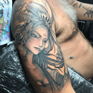 Some progress of geisha part of fullsleeve done with EgoR12 tattoo machine.Done by Alex #geishatattoo #fullsleevetattoo #blackandgray #phukettattoo #inked 