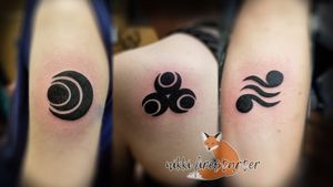 Some simple Wind Waker pearls for a set of sibling tattoos! In order: Upper arm, shoulderblade, upper/inner forearm. nikkifirestarter.com #legendofzelda #windwaker #pearls #elementalpearls #blackwork #blacktattoo #solidblack #symbols #graphicart #graphictattoo #tattoo #bodyart #bodymod #ink #art #nonbinaryartist #nonbinarytattooist #mnartist #mntattoo #visualart #tattooart #tattoodesign