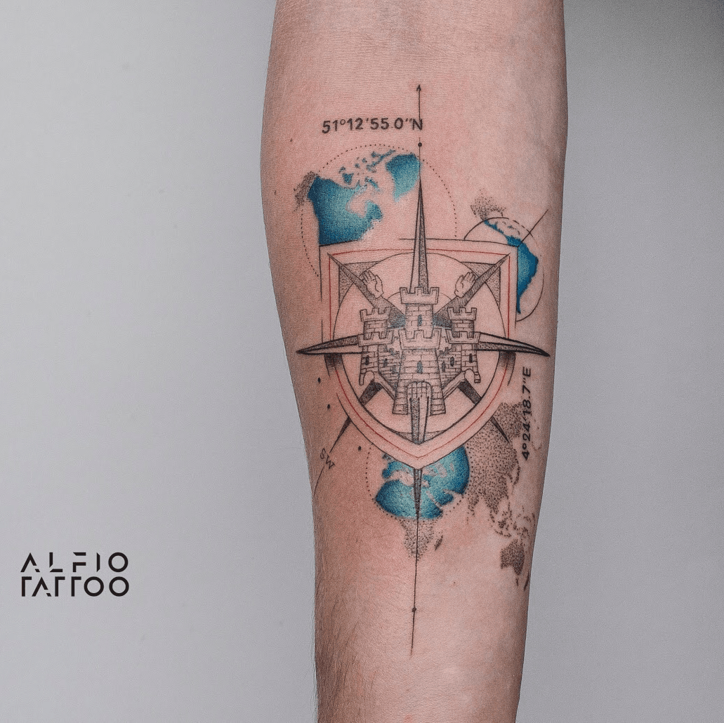 Tattoo uploaded by Alfio • Design y tattoo by Alfio. Buenos Aires - Argentina / alfiotattoo@gmail.com / #shield #world #fineline #art #tattoodesign #alfiotattoo #composition #tattoocolor #finelinetattoo #watercolor #watercolortattoo #tattoo #tattooart ...
