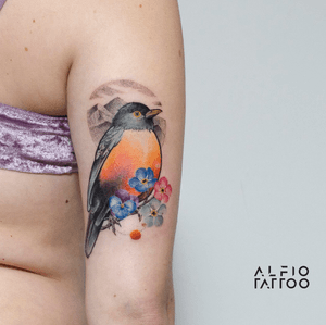 Design y tattoo by Alfio. Buenos Aires - Argentina alfiotattoo@gmail.com #zorzal #flowers  #mountains  #geometric #art #tattoodesign #alfiotattoo #composition #tattoocolor #dotwork