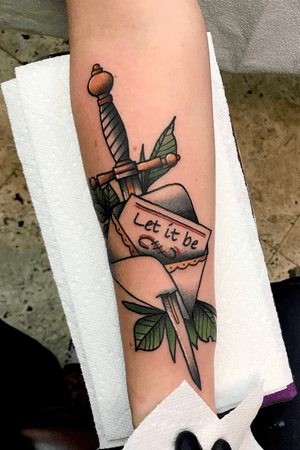 Pretty serious letter opener dagger and envelope let it be forearm tattoo 