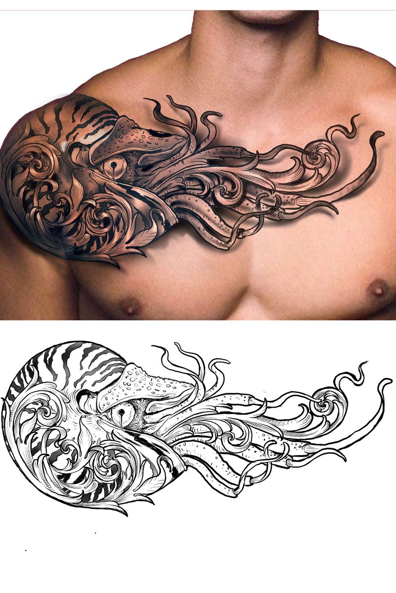 Tattoo uploaded by Conceptual ink Kingston • Nautilus scrolling custom chest tattoo composition