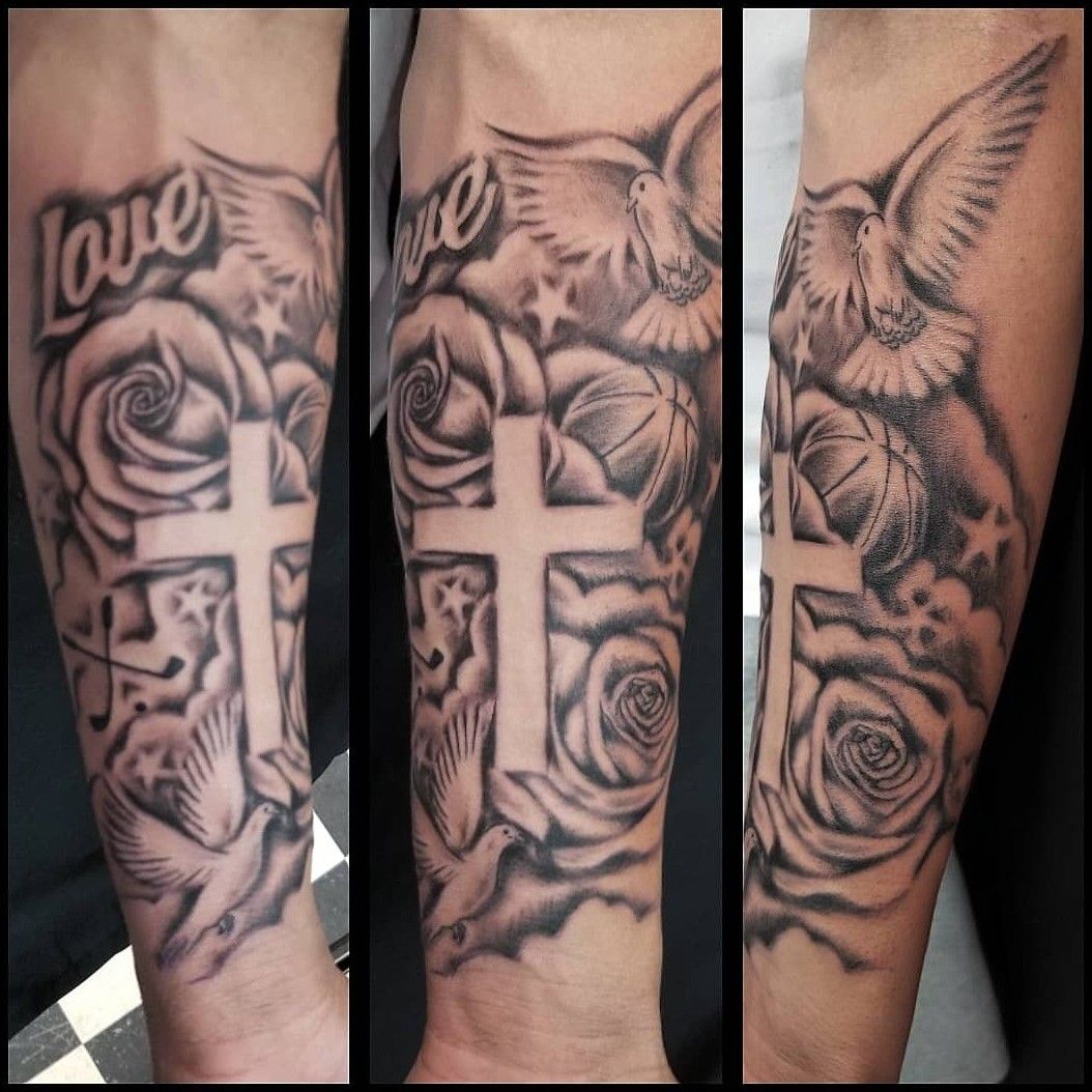 Tattoo uploaded by Gerald Daniell • Cross Doves Rose's Golf Basketball Stars and Clouds • Tattoodo