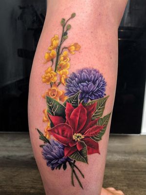 Birth month flower tattoo by Jennifer Sterry #JenniferSterry #poinsettia #birthmonthflowertattoos #birthmonthflowers #flowertattoo #flowers #florals #petals #blooms #leaves #nature #plant #birthmonth