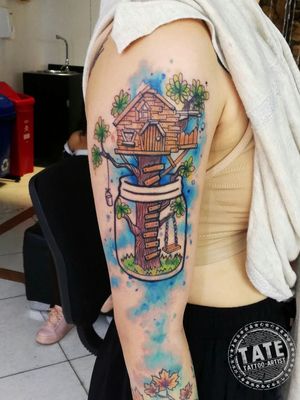 Watercolor tree house... Follow me on Instagram... Tatetattooartist 