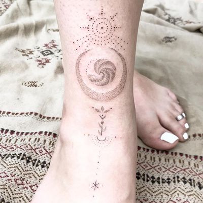 Hand Poke Tattoo: Mystical Dotwork by Ink & Earth #Ink&Earth #InkandEarth #handpoketattoo #nonelectrictattoo #handpoketattoo #handpoke #dotwork #sun #moon #tribal #pattern #sun #wave #flower #moon