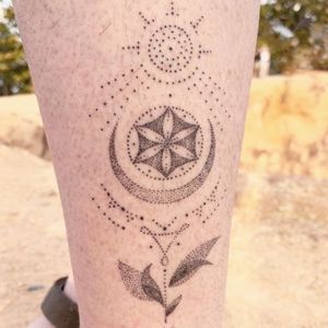Hand Poke Tattoo: Mystical Dotwork by Ink & Earth #Ink&Earth #InkandEarth #handpoketattoo #nonelectrictattoo #handpoketattoo #handpoke #dotwork #sun #moon #tribal #pattern #mandala #moon #flower