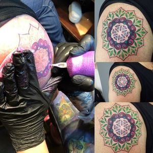 Colour mandala dotwork tattoo # dotwork #dotworkers #dotworktattoo #color #mandala #geometric #geometry #geometrictattoo #tatueringstockholm #tatuering #seedoflife #floweroflife #studioseventattoo 