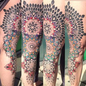 Mandala leg sleeve colour dotwork #geometrictattoo #geometrictattoo #dotwork #dotworktattoo #legsleeve #mandala #maryjane #maryjanetattoo #tatueringstockholm #tatuering #sacredgeometry  