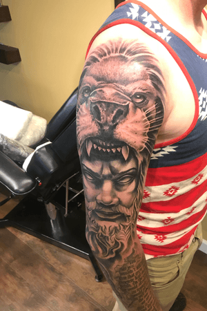 Hercules with lion head done by Chris James at Nevermore Ink in New Jersey #hercules #lion #sleeve #freshink 
