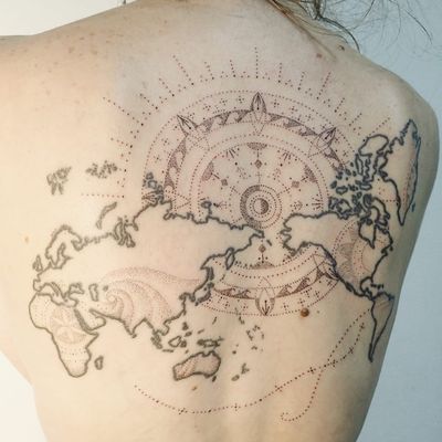Hand Poke Tattoo: Mystical Dotwork by Ink & Earth #Ink&Earth #InkandEarth #handpoketattoo #nonelectrictattoo #handpoketattoo #handpoke #dotwork #sun #moon #tribal #pattern #globe #map #compass