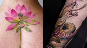 Lotus flower tattoo on the left by Pis Saro and snake tattoo on the right by Renan Batista #RenanBatista #cooltattoos #cooltattoo #besttattoo #tattoodoapp #tattooartists #tattooideas #tattooart