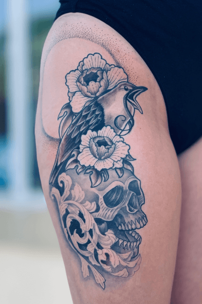 Fun thigh piece #skulltattoo #skull #bird #peony 