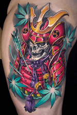Pink Samurai skull on thigh.