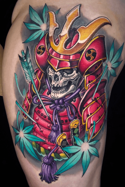 Pink Samurai skull on thigh.
