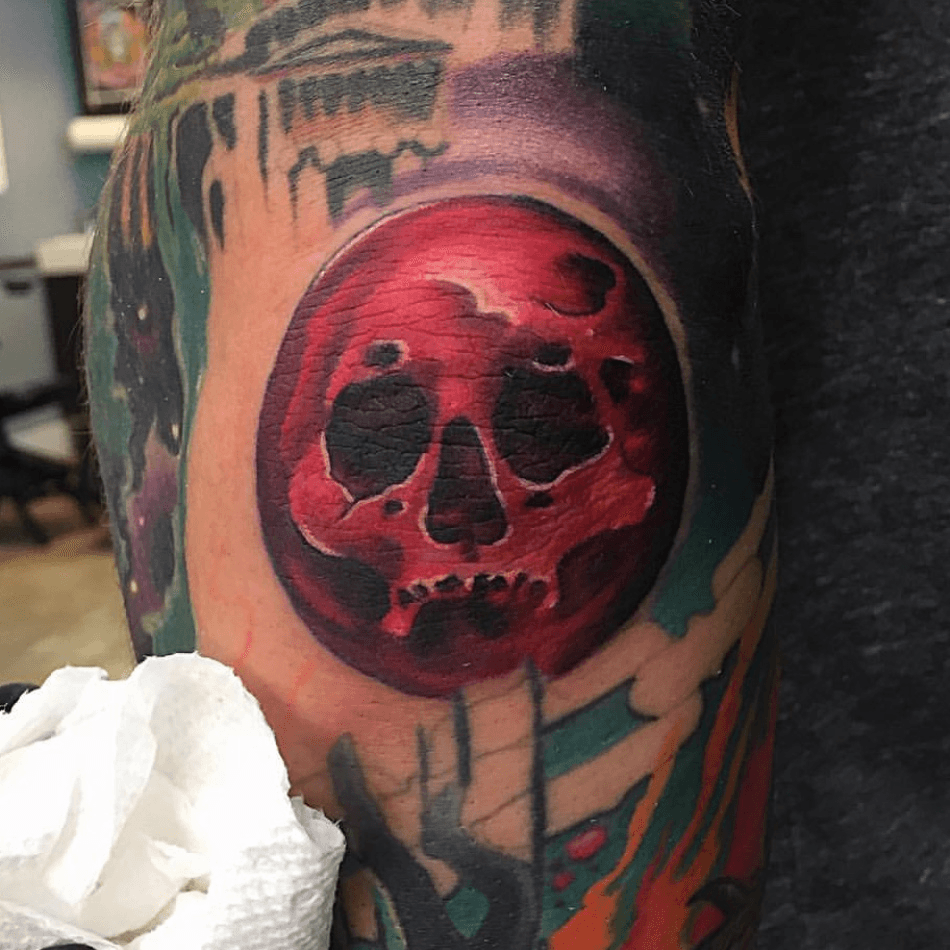 Tattoo uploaded by Justin Stephan  Heres a little red skull moon done on  an elbow elbow moon skull  Tattoodo