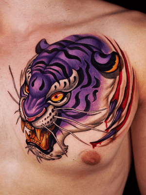 Purple tiger on chest.