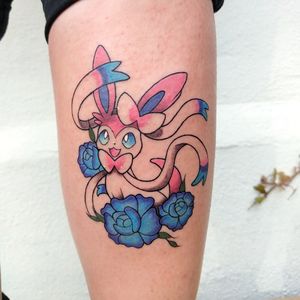 Sylveon Pokemon tattoo, lower leg (calf). Done with Eternal Ink
