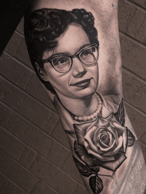 Vintage portrait with rose on arm. Done at Trinity Tattoo studio @trinitytattoovb in Va Beach. 