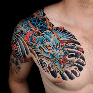 Dragon on chest.