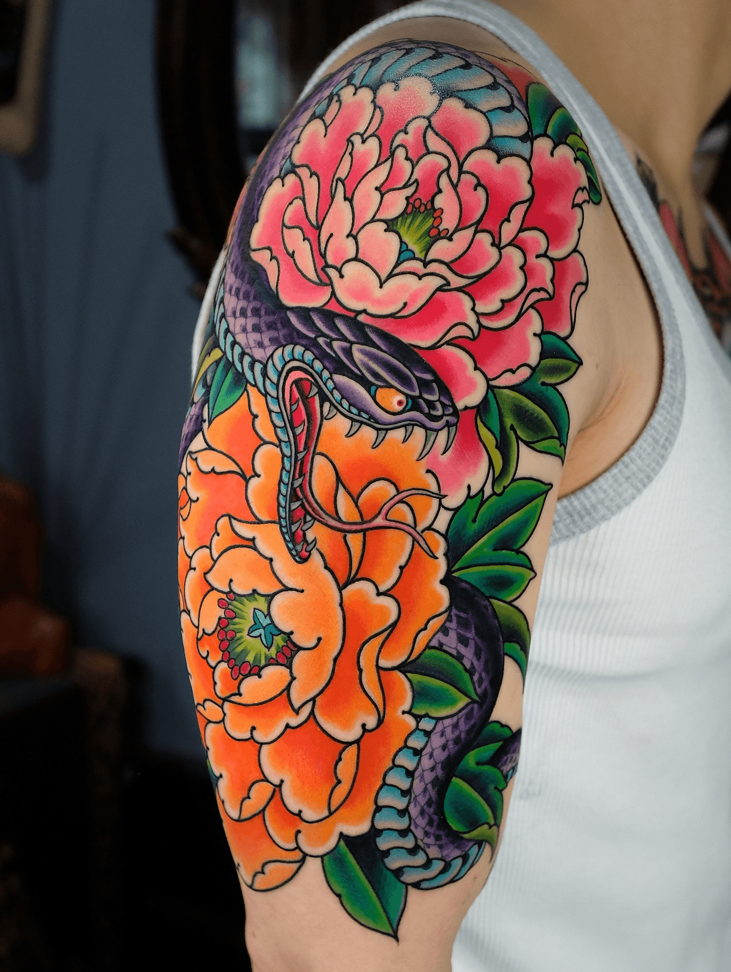 Peonies And Snake On A Thigh by picsola  Tattoogridnet