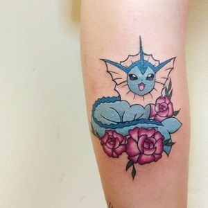 Vaporeon Pokemon tattoo, on the lower leg (calf). Eternal Ink colors
