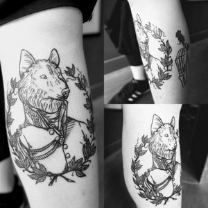 Fancy wolf in clothes done at Hell tattoo Leuven #woodcuttattoo #woodcut #etching #etchingtattoo #wolf #blackworktattoo 