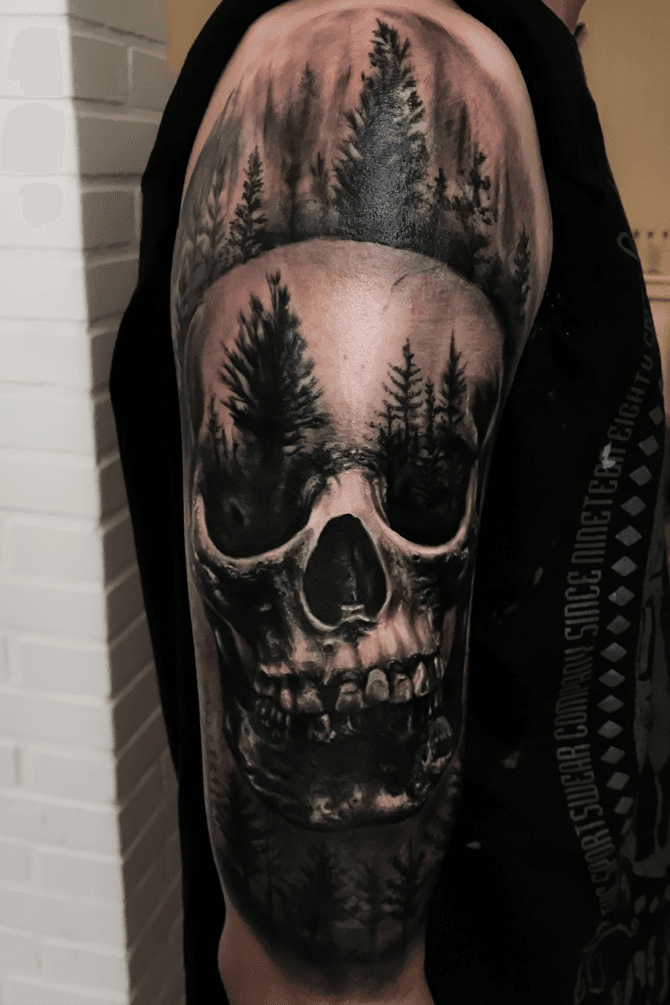 bear skull and forest tattoo  Skull tattoo design Skull sleeve tattoos  Tattoos for guys