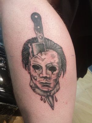 Michael Myers tattoo done for a good friend.  #inklifestyle #crazydayztattoo4life #phucstyxtattoosupply #724tattooartist #TattooSteveD #blackandgreytattoos #michealmyers 