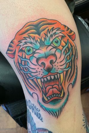 Tattoo uploaded by Kelly K • Traditional Tiger on my right knee • Tattoodo Tattoo uploaded by Kelly K • Traditional Tiger on my right knee • Tattoodo