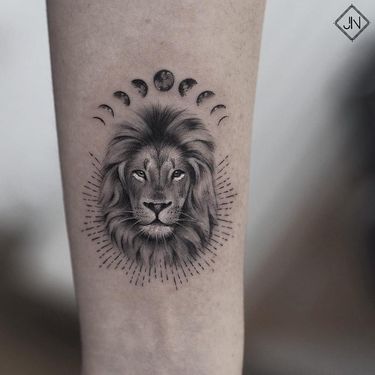 Symbol tattoo by Jefree Naderali #jefreenaderali #symboltattoo #symboltattoos #symbol #symbols #tattooswithmeaning #meaningfultattoo #moonphases #moon #lion