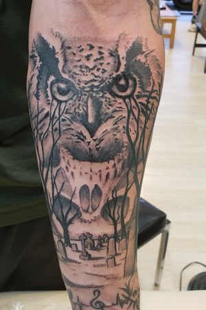 Owl crying trees with graveyard and skull
