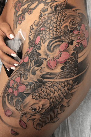 Finished this hip piece last week. Mostly healed colored in the blossoms. Always down to do more work like this. Hit me up now booking for May and June. #peaces #japanese #koifishtattoo #inkedlife #blossoms #empireinks #fusionink #hiptattoo #blessed #hustle #humble #motivation #fullerton