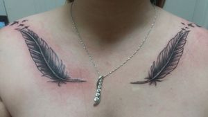 Birds of a feather. Nice matching feather tattoo done for a client. #inklifestyle #crazydayztattoo4life #phucstyxtattoosupply #724tattooartist #TattooSteveD #blackandgreytattoos #inklifestyle #feathertattoo 