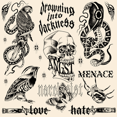 Drowning into darkness/ new flashs available. Dm me if you want one of these on ur skin babe. mikeend666@gmail.com or DM #flash #flashtattoo #flashsheet #flashs #snake #bird #parrot #blade #knife #skull #spider #butterfly #lettering #typography #blackwork #blackworker #darkart #dart #tribal #paris #lyon #berlin #londres #nyc