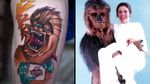 Chewbacca tattoo on the left by Luke Skydrawer and photo of Chewbacca and Princess Leia on the right #LukeSkydrawer #chewbaccatattoo #chewbacca #starwars #movietattoos #petermayhew #georgelucas #scifi