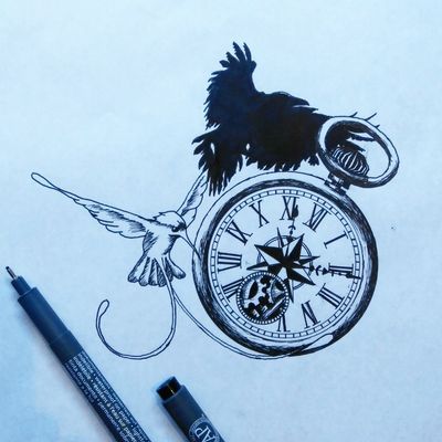 Colibri and Raven around a pocket-watch. #pencilart #pencildrawing #pencil #colibri #raven #pocketwatch #watch #idea #inspiration #inspirationtattoo 
