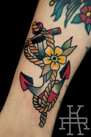 Traditional anchor tattoo done using @worldfamousink. Appointments available with deposit, call or email for availability #traditionaltattoos #traditional #anchortattoo #anchor #htx #heightshouston #texas #houston #flowers# #bold #bright #blacklinesmatter 