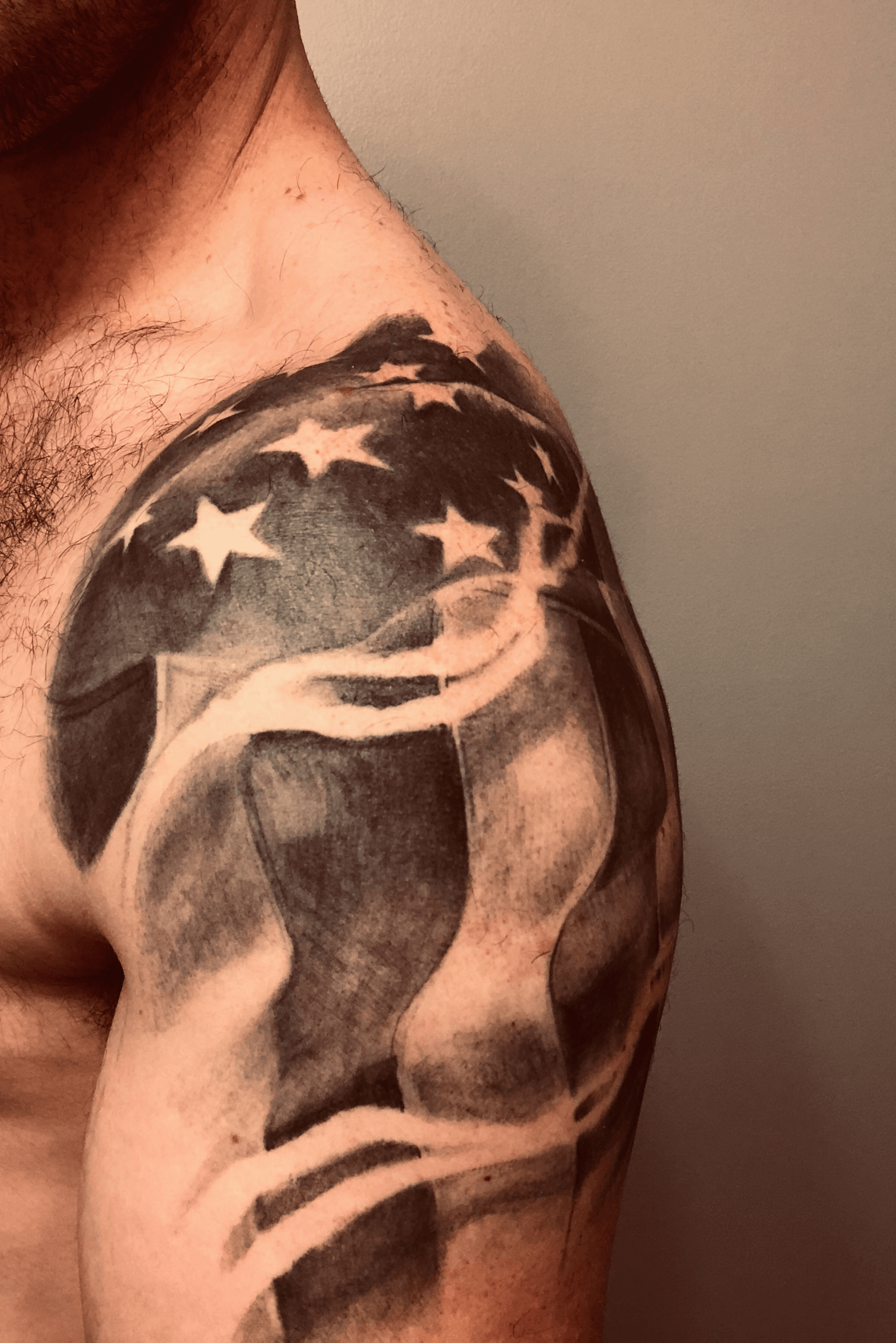 American Flag Chest and Shoulder Tattoo by Terry Mayo TattooNOW