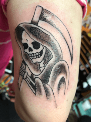 Done by Sammi at Scorpion Tattooing in Derry Nh #grimreaper #skeleton #arm #balckandgrey 