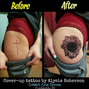 Cover-up tattooed by Alysia Roberson at Siren's Cove Tattoo in Piedmont, SC! #coveruptattoo #realistictattoo #crosstattoo #sunflowertattoo #flowertattoo  #girlytattoo #hiptattoo #thightattoo #blackandgreytattoo #tattoonightmares #tattoos #tattooed #tattooedwomen #tattooedwoman #inkedgirls #inkedgirl #inkedfemales #sctattoo #sctattooartist #sctattooshop #sctattooist #sctattooer #southcarolinatattooartist #greenvillesc #downtowngreenville #andersonsc #clemsonsc #Alysiarobersontattoo #sirenscovetattoo www.facebook.com/sirenscovetattoo www.facebook.com/Alysia.Roberson.Tattoo.Artist