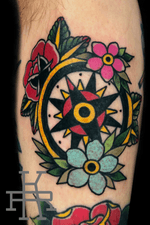Traditional compass tattoo done using @worldfamousink. Appointments available with deposit, call or email for availability #traditionaltattoos #traditional #compasstattoo #compass #htx #heightshouston #texas #houston #flowers# #bold #bright #blacklinesmatter 