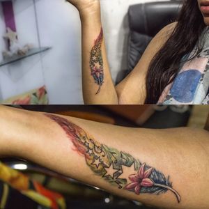  Color Feather, Stars and flower tattoo by Tattoo Artist Veer Hegde at Eternal Expression Tattoo & a piercing studio, Bangalore
