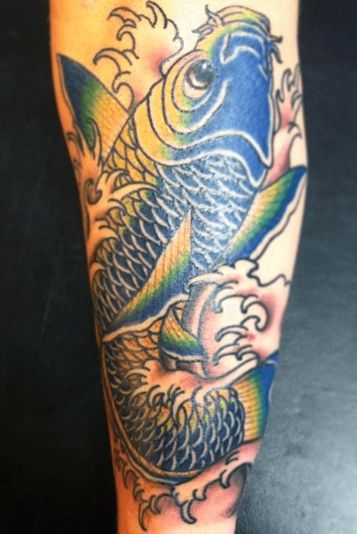 koi fish tattoo forearm blue